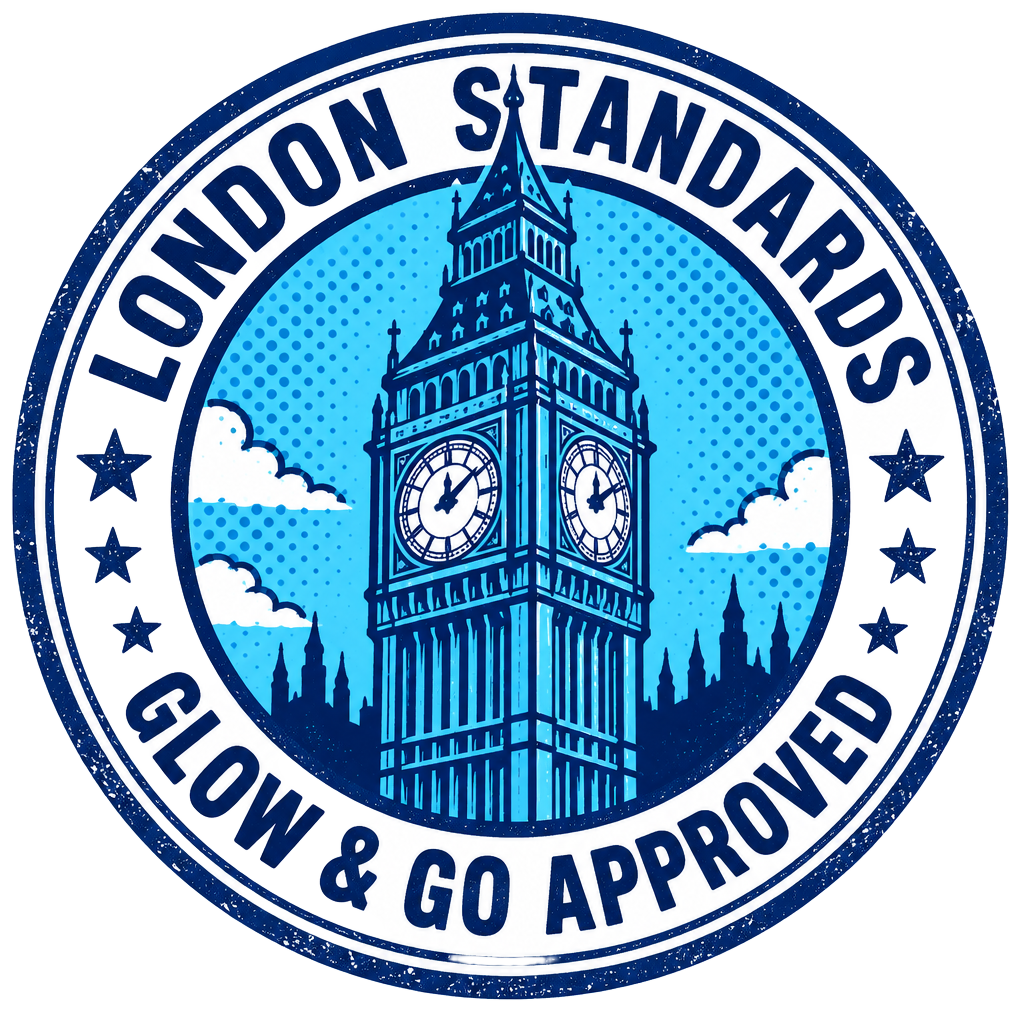 Comic stamp badge: London Standards — Glow & Go Approved, featuring Big Ben